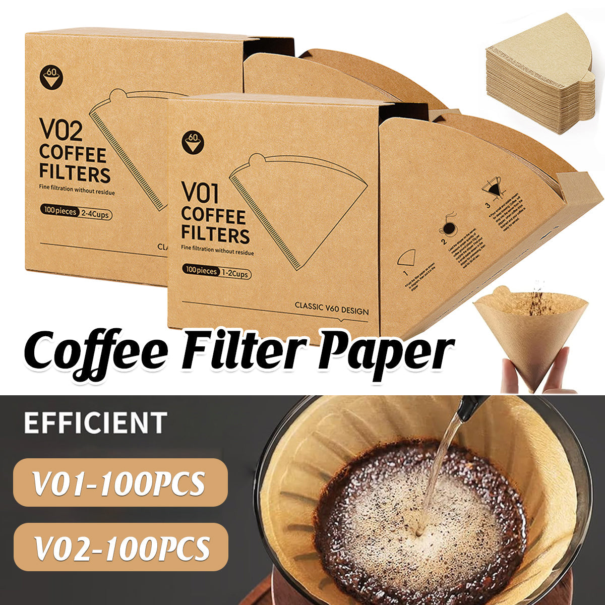 100PCS Coffee Filter Paper Drip Cone Funnel Handmade Filters for Coffee Machine - V02-100PCS V528-FILTER-PAPER-V02-100PCS-204814