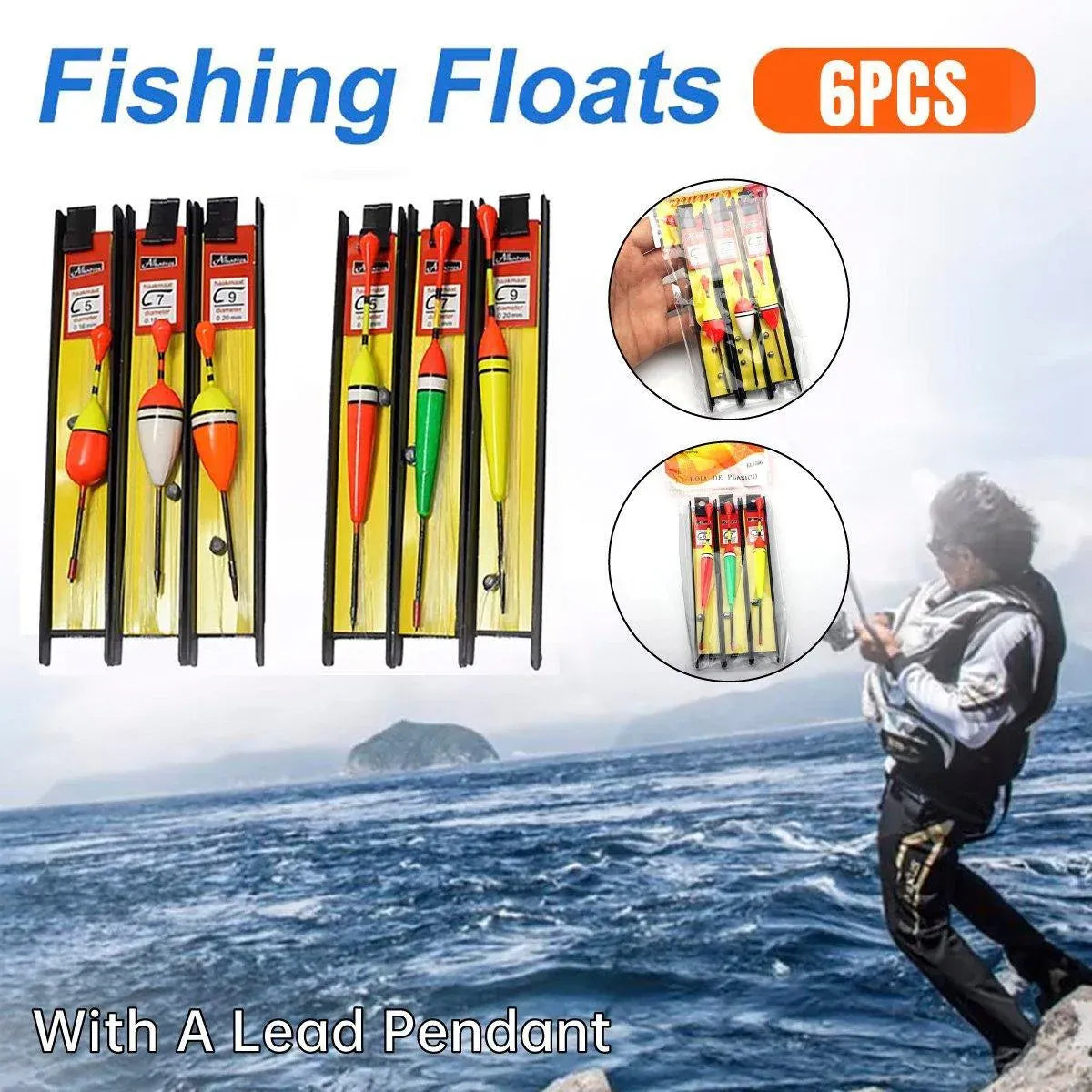 6Pcs Fishing Floats Set Fishing Bobber Hook Kits Straight Column Water Drop Type V528-FISHHOOK-6PCS-999685
