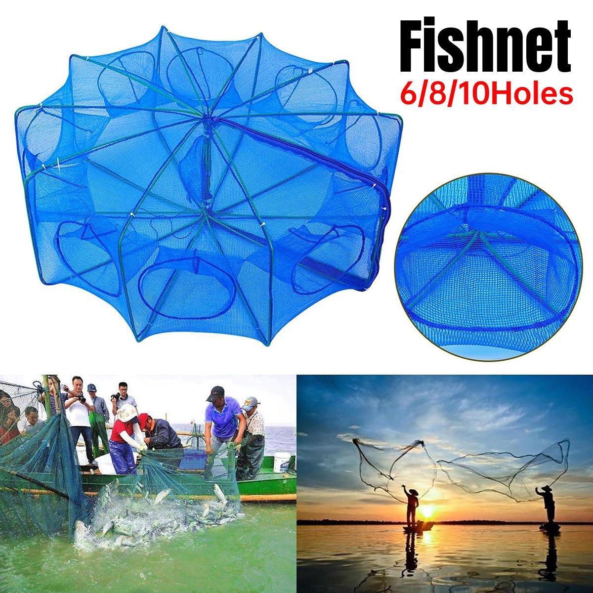 6/8/10 Holes Fishing Net Small Foldable Square Folding Shrimp Eel Lobster Trap - 6Holes V528-FISHING-NET-BLUE-6-885487