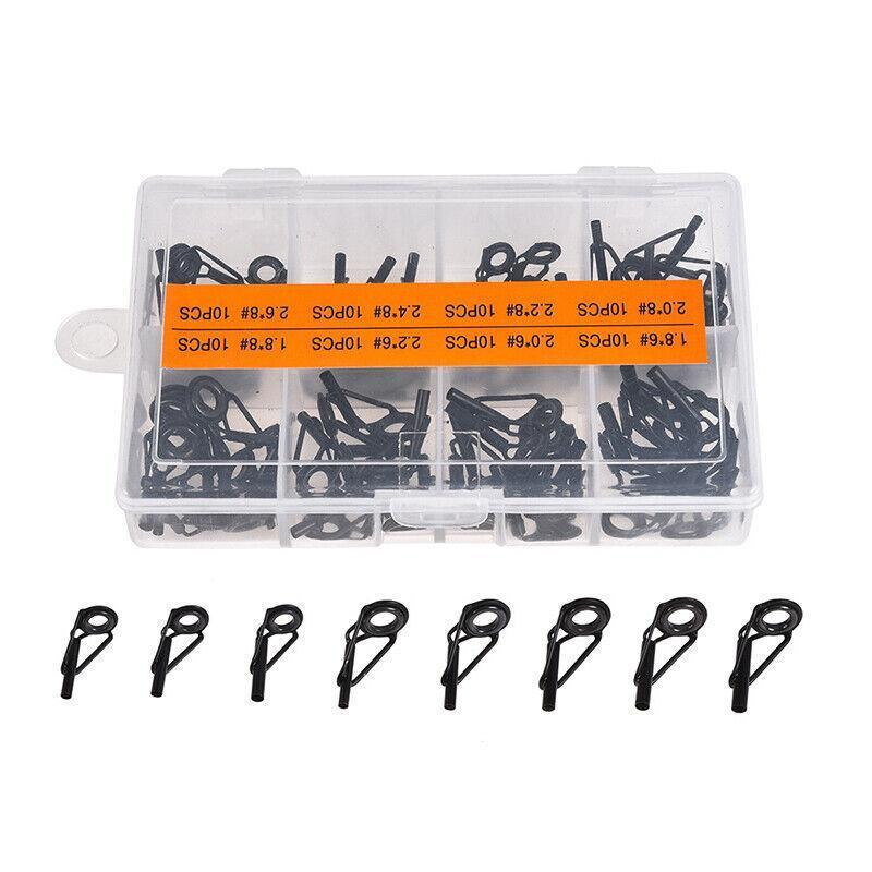 80 Fishing Rod Guide Set Tackle Tips Repair Kits Ring 8 Size Stainless Steel Box V528-FISHINGSET-80PCS-124177