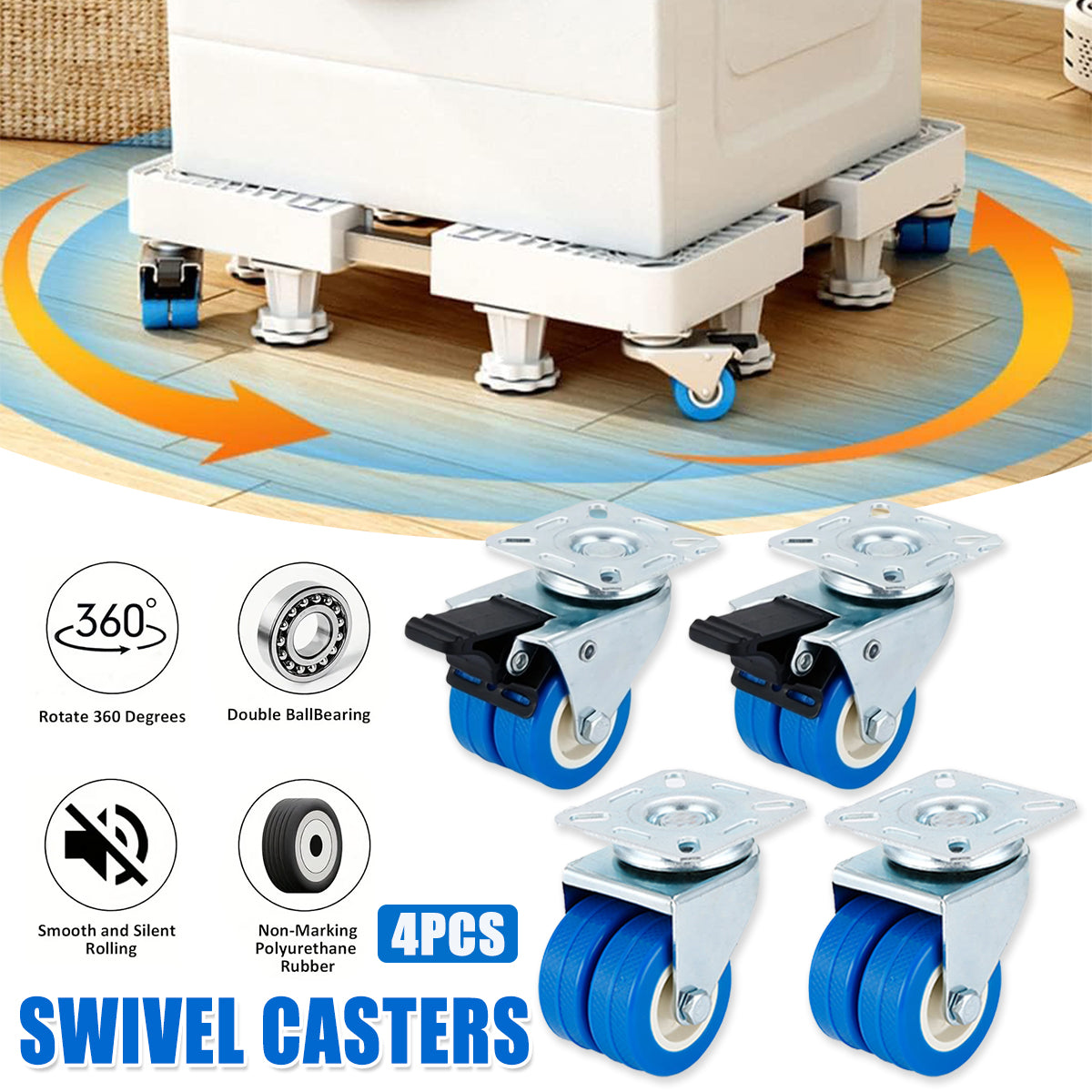 4pcs Casters Movable Wheels Heavy Duty Swivel Locking Caster Wheel For Furniture V528-FLAT-CASTER-2IN-2HD2SC-4IN1-420540