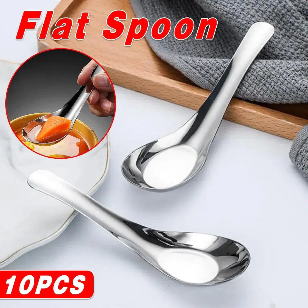 10pcs Stainless Steel Flat Bottom Spoon Household Kitchen Dining Soup Spoon Set V528-FLAT-SPOON-10PCS-747620