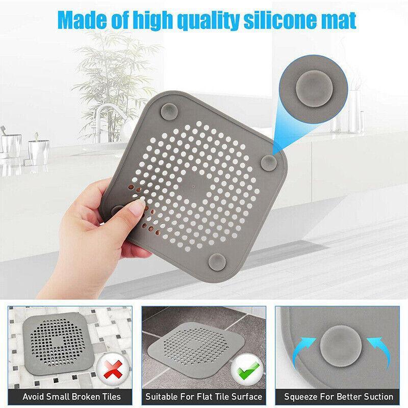 2X Square Drain Cover For Shower Drain Hair Catcher Flat Silicone Plug For Bath - Grey V528-FLATSILICONE-2PCS-GREY-521813