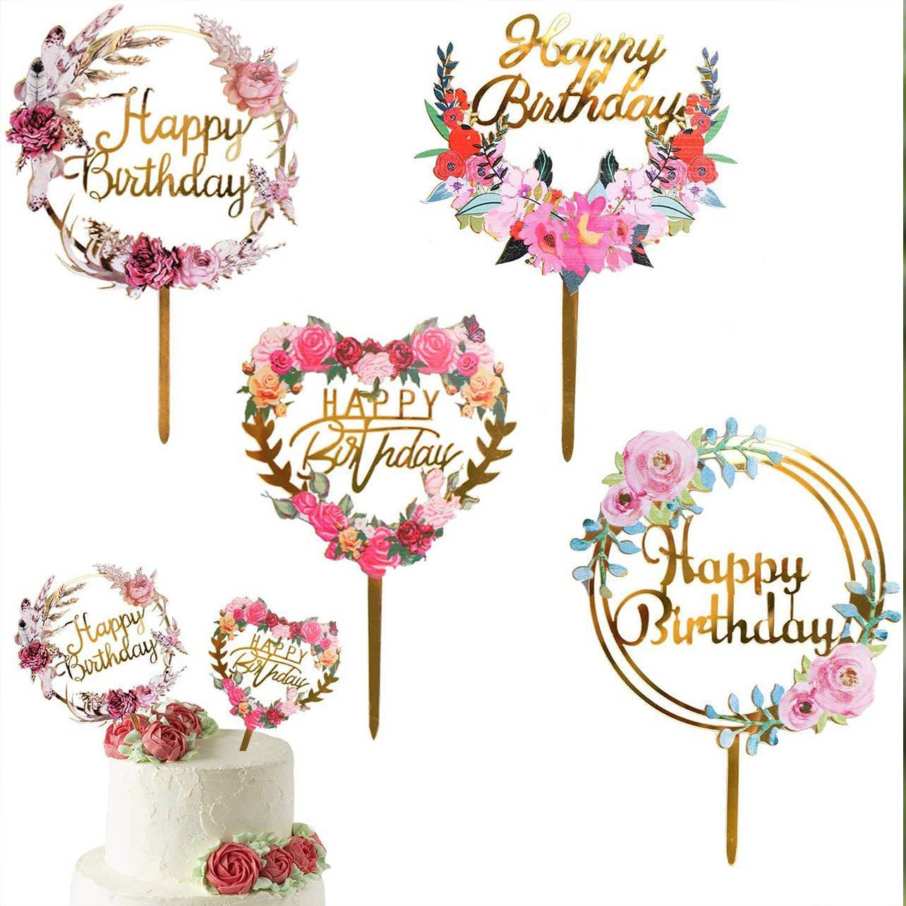 Happy Birthday Anniversary Wedding Cake Flowers Topper Acrylic Party Decorations - NO.01 V528-FLOWER-TOPPERNO1