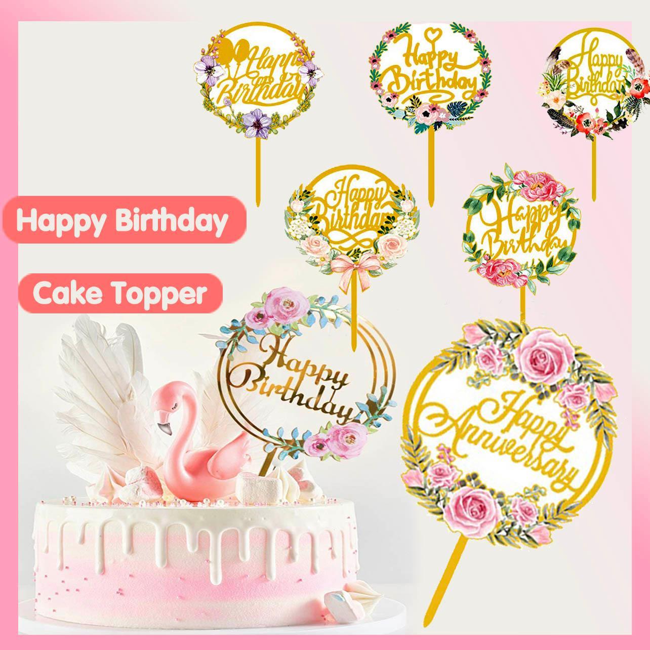 Happy Birthday Anniversary Wedding Cake Flowers Topper Acrylic Party Decorations - NO.02 V528-FLOWER-TOPPERNO2