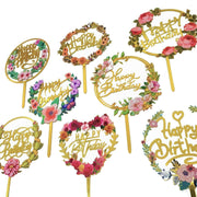 Happy Birthday Anniversary Wedding Cake Flowers Topper Acrylic Party Decorations - NO.02 V528-FLOWER-TOPPERNO2