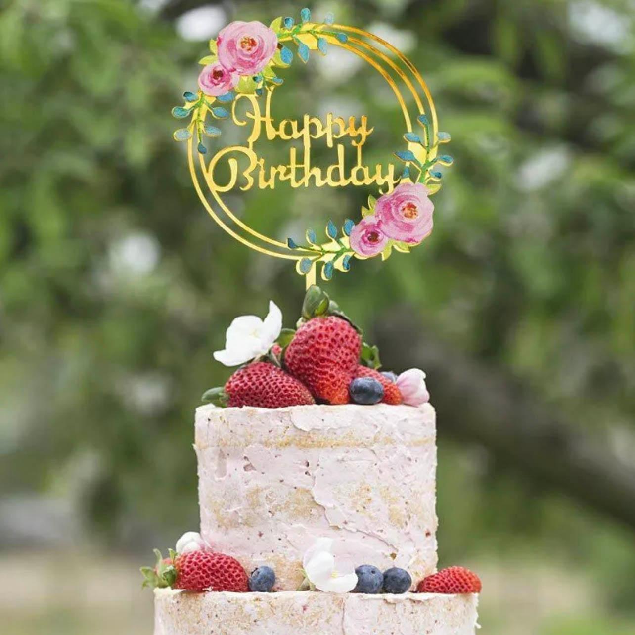 Happy Birthday Anniversary Wedding Cake Flowers Topper Acrylic Party Decorations - NO.02 V528-FLOWER-TOPPERNO2
