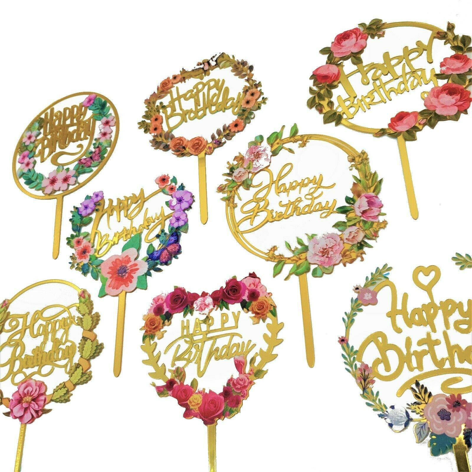 Happy Birthday Anniversary Wedding Cake Flowers Topper Acrylic Party Decorations - NO.03 V528-FLOWER-TOPPERNO3
