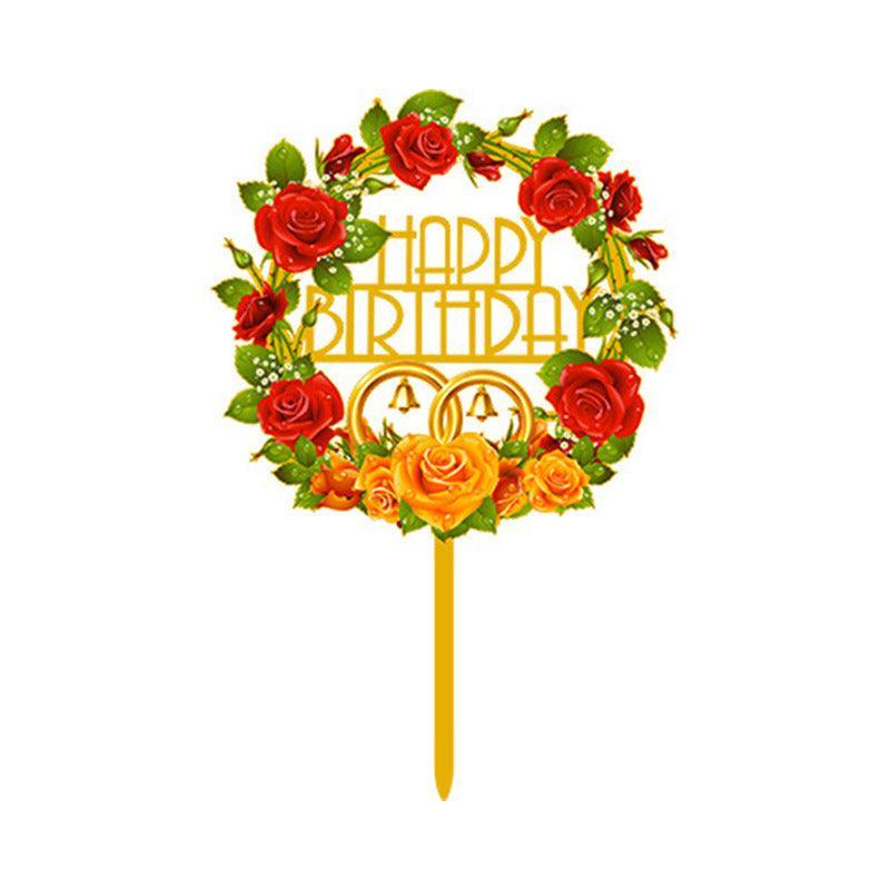 Happy Birthday Anniversary Wedding Cake Flowers Topper Acrylic Party Decorations - NO.05 V528-FLOWER-TOPPERNO5