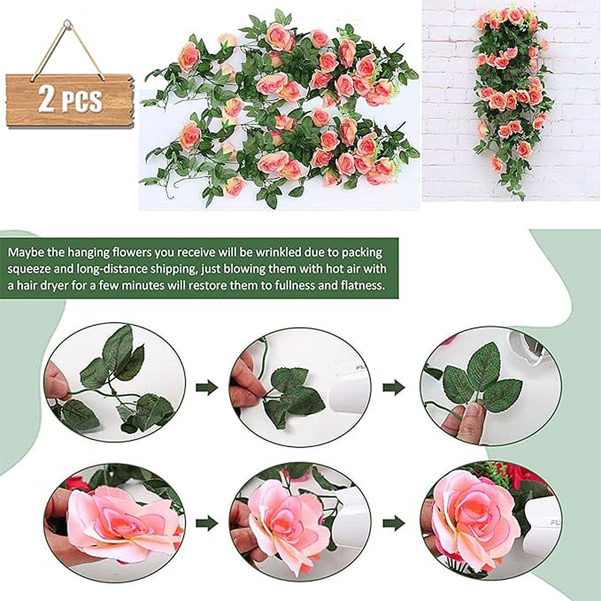 2PCS Artificial Rose Flower Garland Hanging Vine Home Wall Decor Fake Rattan - Rose Red V528-FLOWER-VINE-2PCS-ROSE-RED-769050