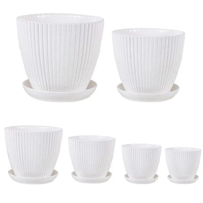 6PCS Simple Plastic Round Plant Pots Vertical Stripes Flower Pot Green Gardening - White V528-FLOWERPOT-6PCS-WHITE-190103
