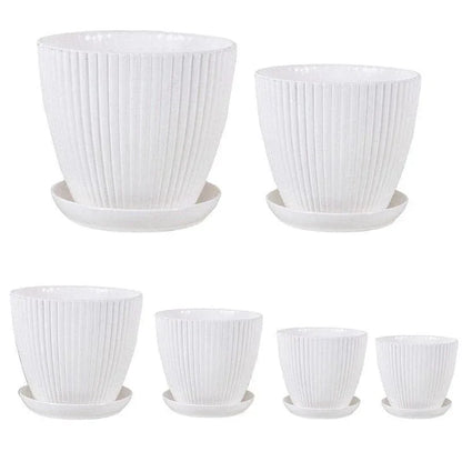 6PCS Simple Plastic Round Plant Pots Vertical Stripes Flower Pot Green Gardening - White V528-FLOWERPOT-6PCS-WHITE-190103