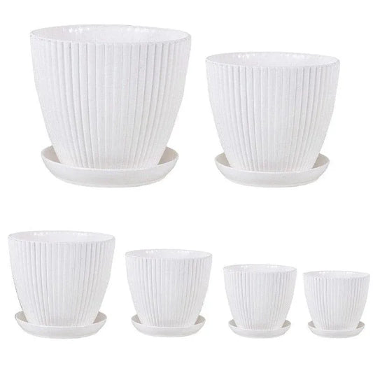 6PCS Simple Plastic Round Plant Pots Vertical Stripes Flower Pot Green Gardening - White V528-FLOWERPOT-6PCS-WHITE-190103