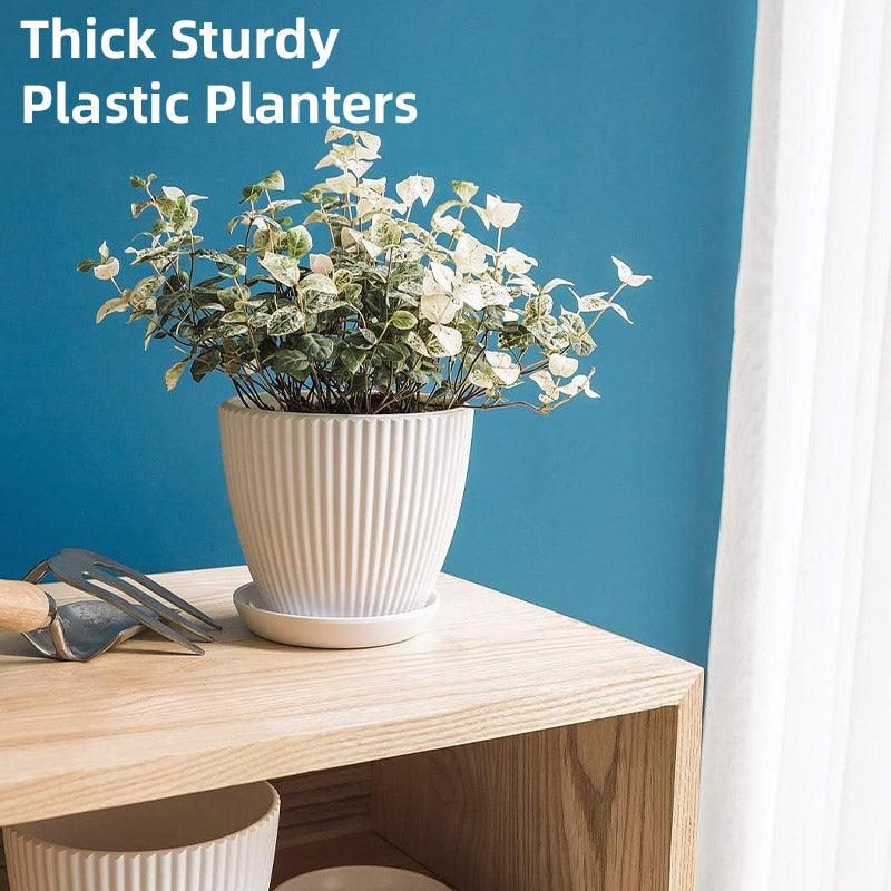 6PCS Simple Plastic Round Plant Pots Vertical Stripes Flower Pot Green Gardening - White V528-FLOWERPOT-6PCS-WHITE-190103