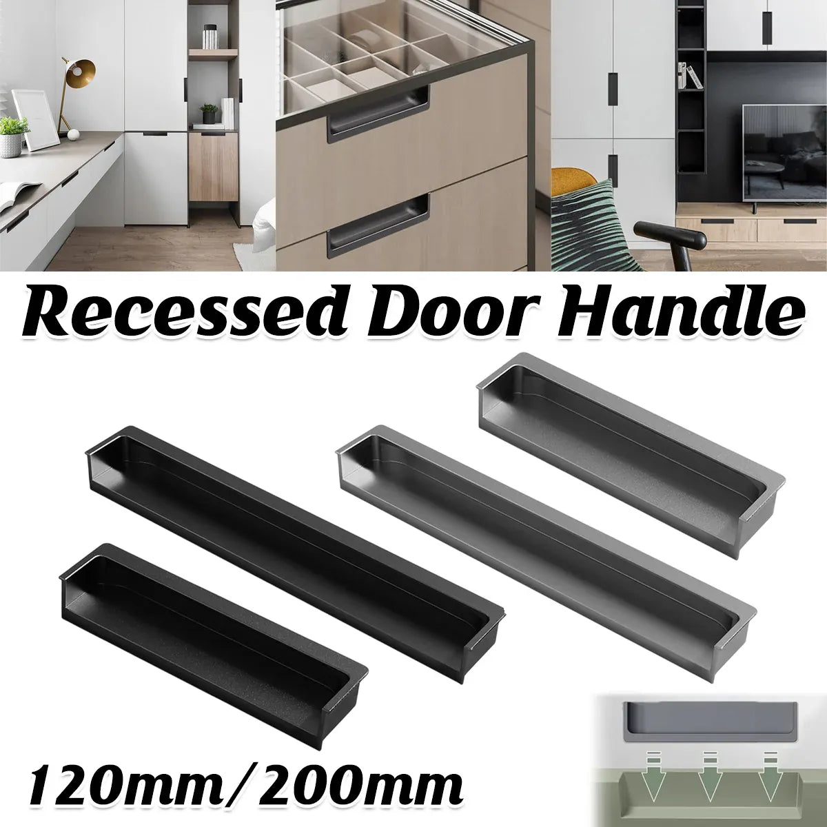 Hidden Recessed Cabinet Handle 120mm 200mm Slotted Drawer Door Pull Furniture - Black-120mm V528-FLUSH-HANDLE-BLACK-120-930426