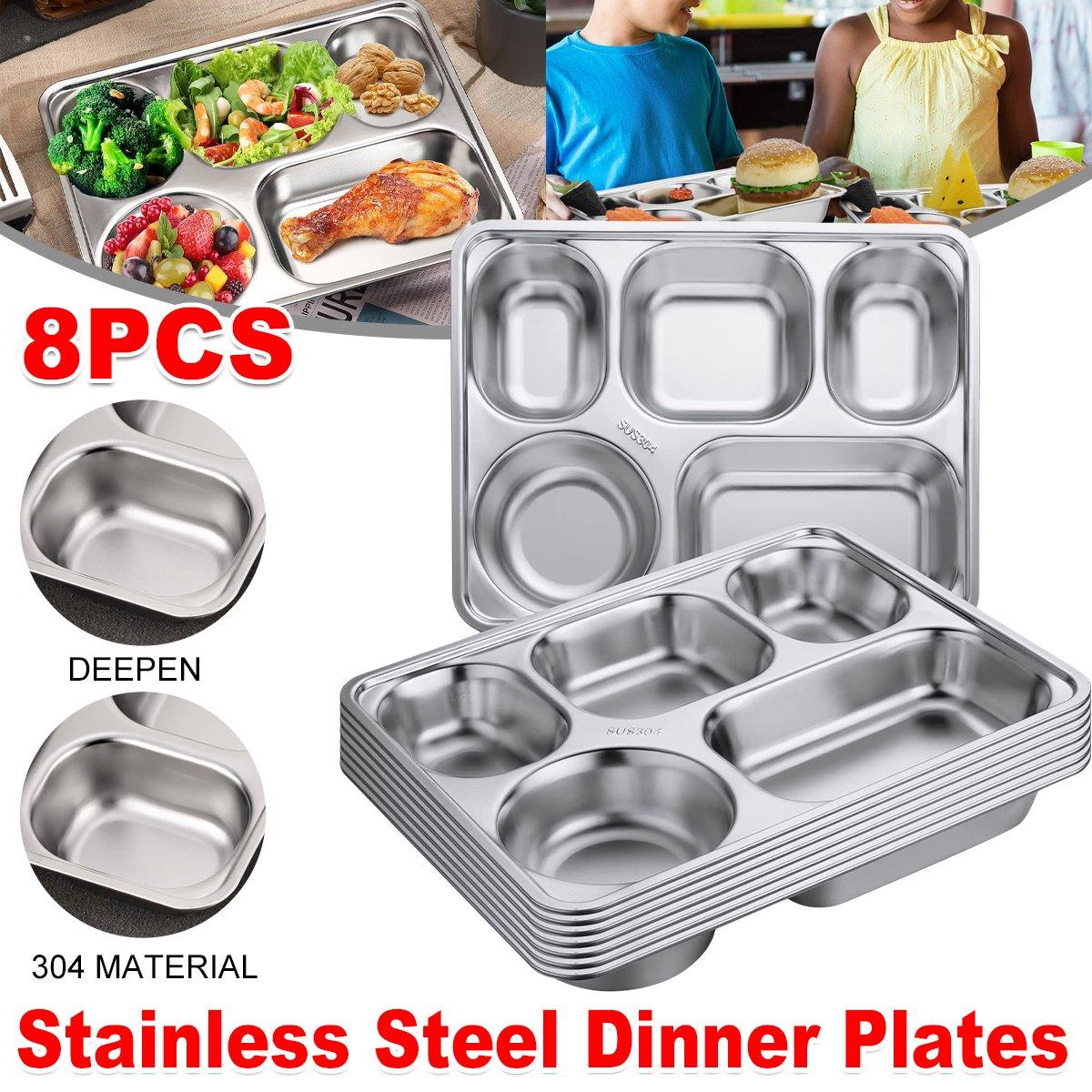 8pcs Stainless Steel Divided Dinner Plates Square Fast Food Plate for Students V528-FOOD-TRAY-8PCS-322976