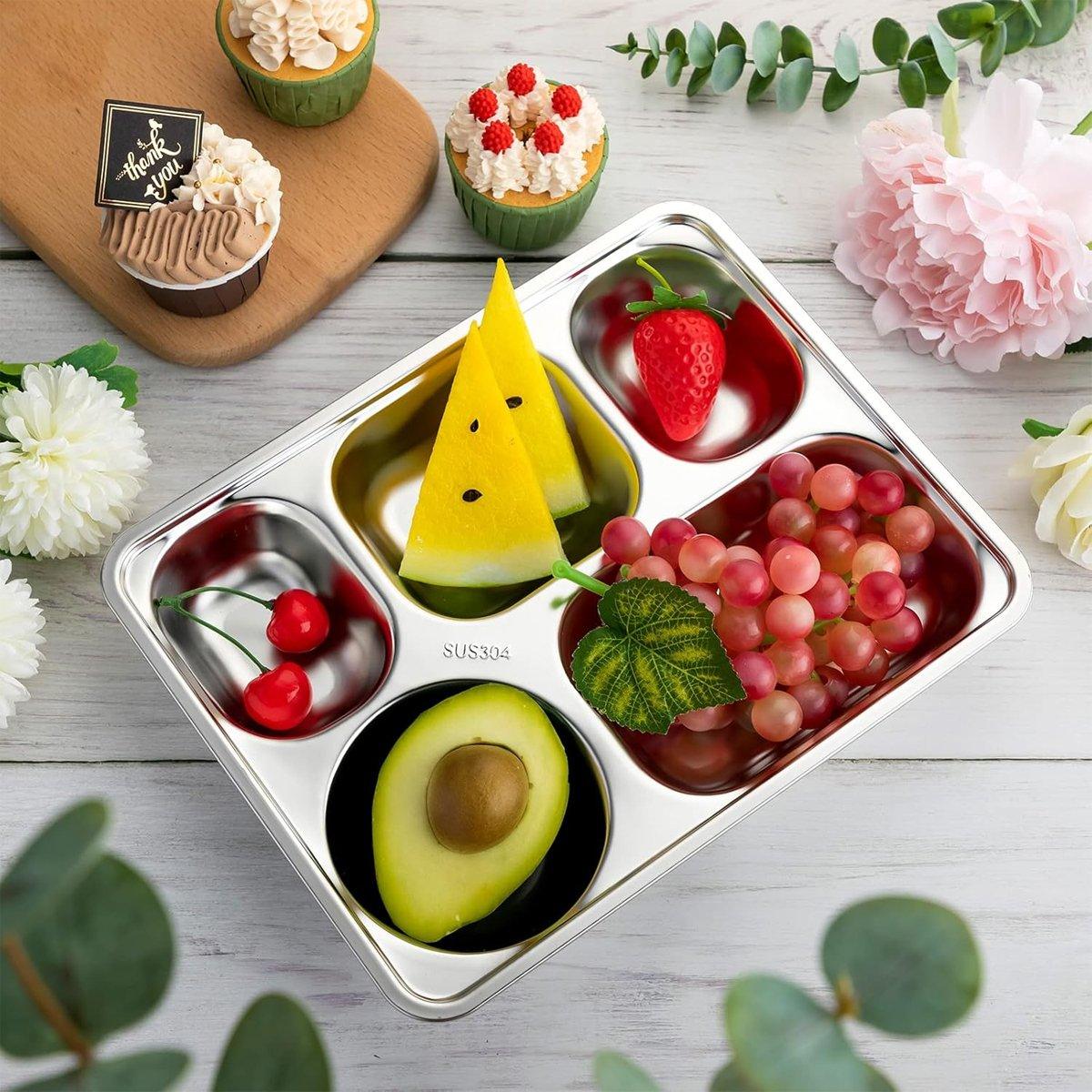 8pcs Stainless Steel Divided Dinner Plates Square Fast Food Plate for Students V528-FOOD-TRAY-8PCS-322976