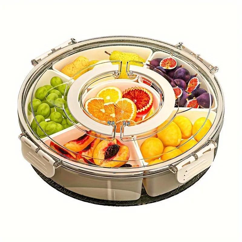 Six Compartment Rotary Fruit Plate Portable Round Snack Box with Lid for Home V528-FRUIT-479785