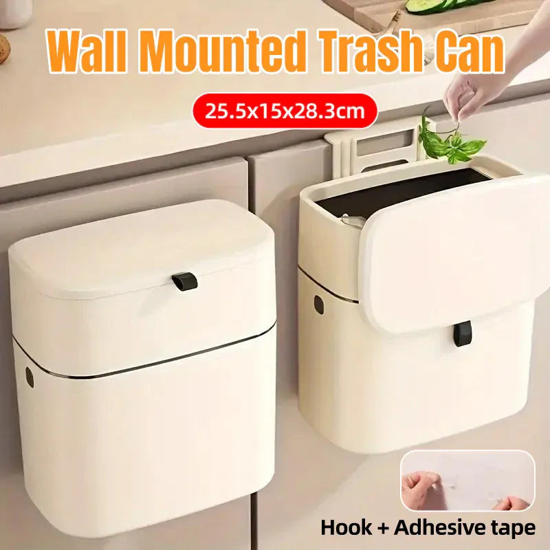 Wall Mounted Hanging Waste Bin with Lid Household Cabinet Trash Can Cream White V528-GARBAGE-27-15CM-317136
