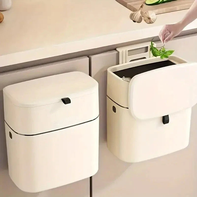 Wall Mounted Hanging Waste Bin with Lid Household Cabinet Trash Can Cream White V528-GARBAGE-27-15CM-317136
