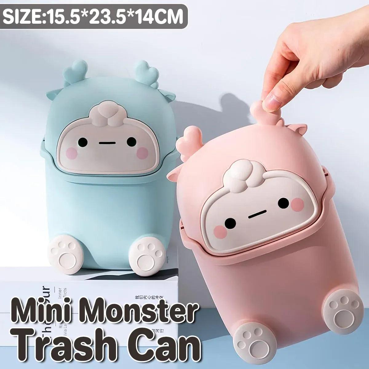 Mini Monster Trash Can Desktop Flip Top Garbage Bin Small Plastic Waste Basket - Light Blue V528-GARBAGE-DRUM-LIGHT-BLUE-368574