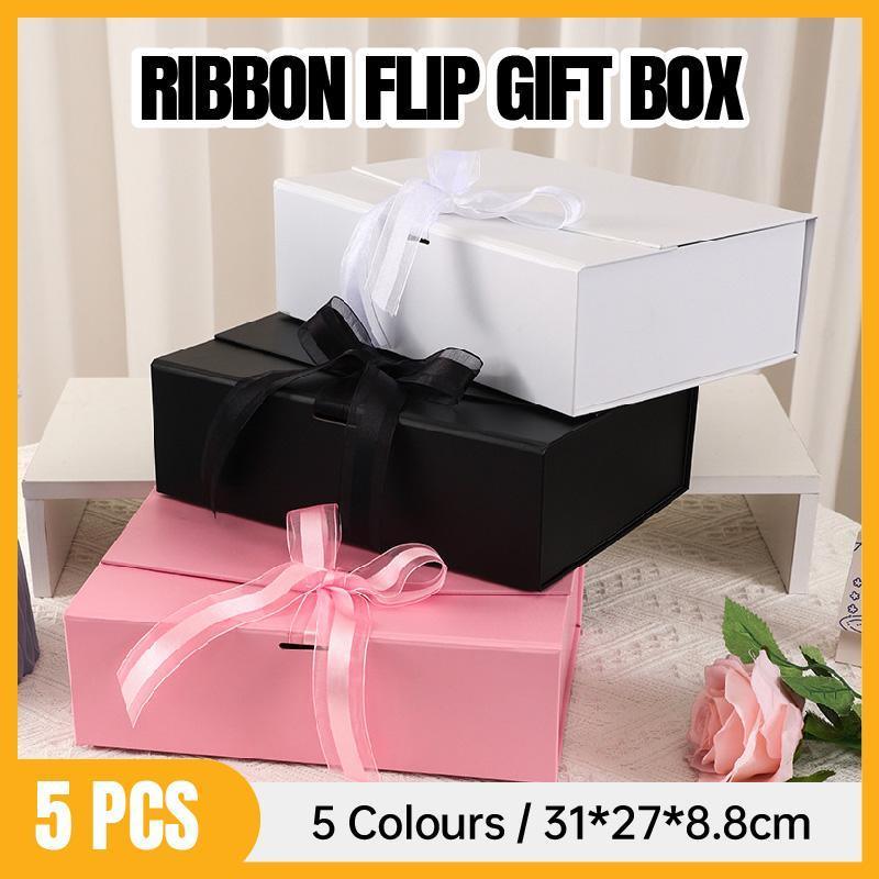 Elegant Ribbon Flip Folding Gift Boxes Multiple Colors High-Quality Cardboard - Black V528-GIFT-BOX-5PCS-31-27-88-BLACK-320258