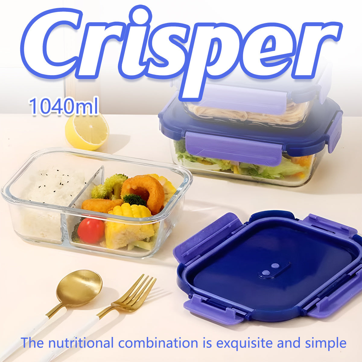 Glass Food Storage Container 1040ml Lunch Bento Box with Lid for Kitchen Prep V528-GLASS-CRISPER-V6872-764584