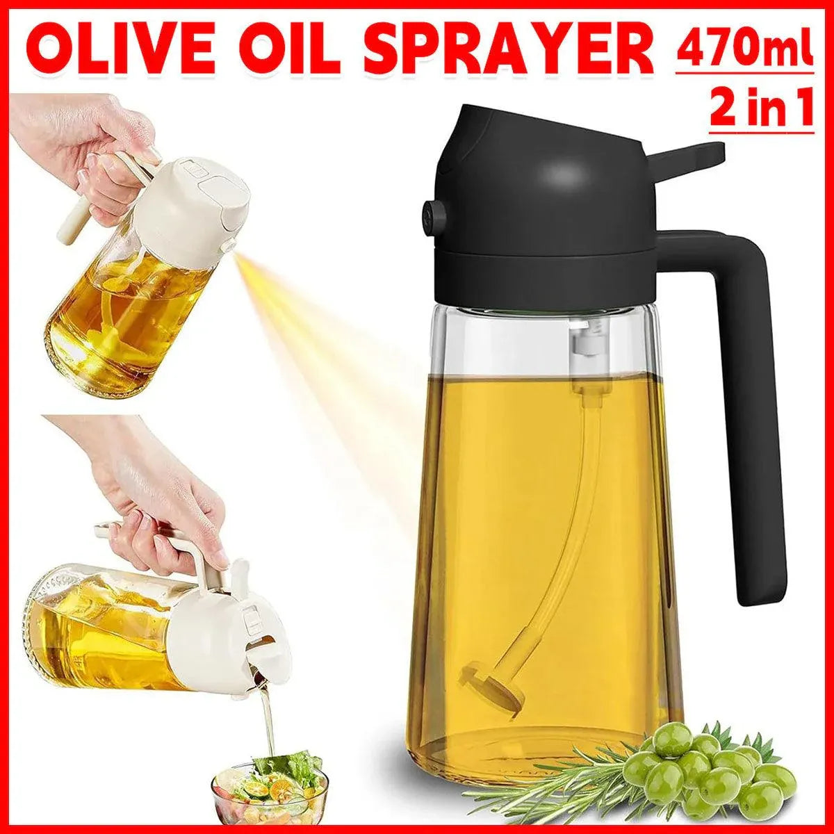 2-in-1 470ml Glass Oil Bottle Spray Pour Automatic Pressure Control Kitchen Tool - Beige V528-GLASS-OILCAN-BEIGE-650994