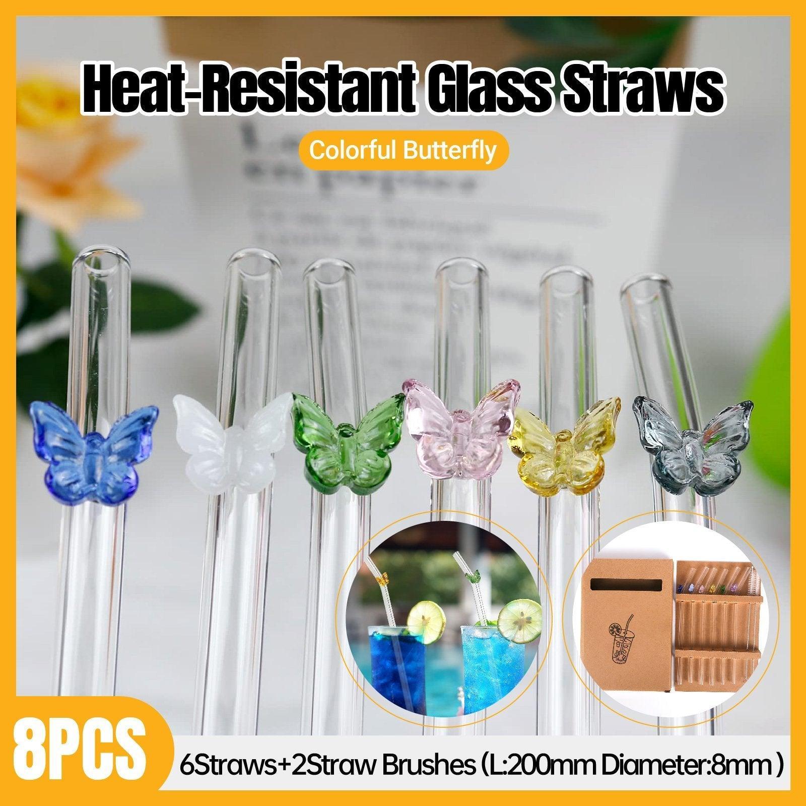 8pcs Colourful Butterfly Glass Straw Reusable Heat Resistant Proof MultiColours V528-GLASS-STRAW-8PCS-313500