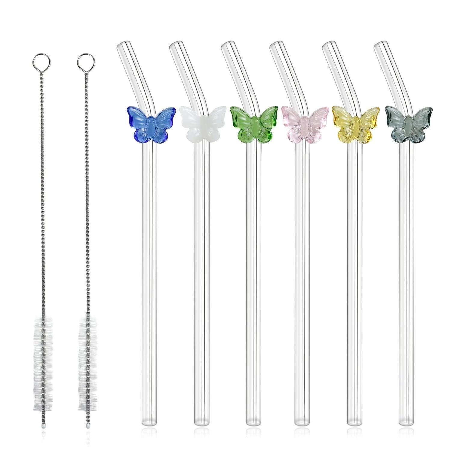 8pcs Colourful Butterfly Glass Straw Reusable Heat Resistant Proof MultiColours V528-GLASS-STRAW-8PCS-313500