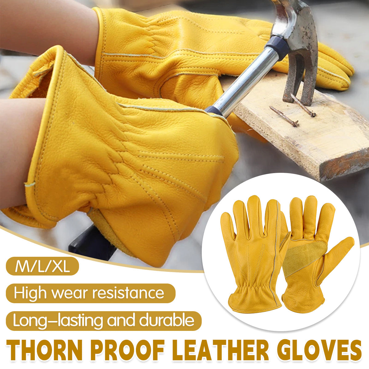 Golden Yellow Cowhide Work Gloves Full Finger Gardening DIY Home Maintenance Use - M V528-GLOVES-1PAIR-M-632005