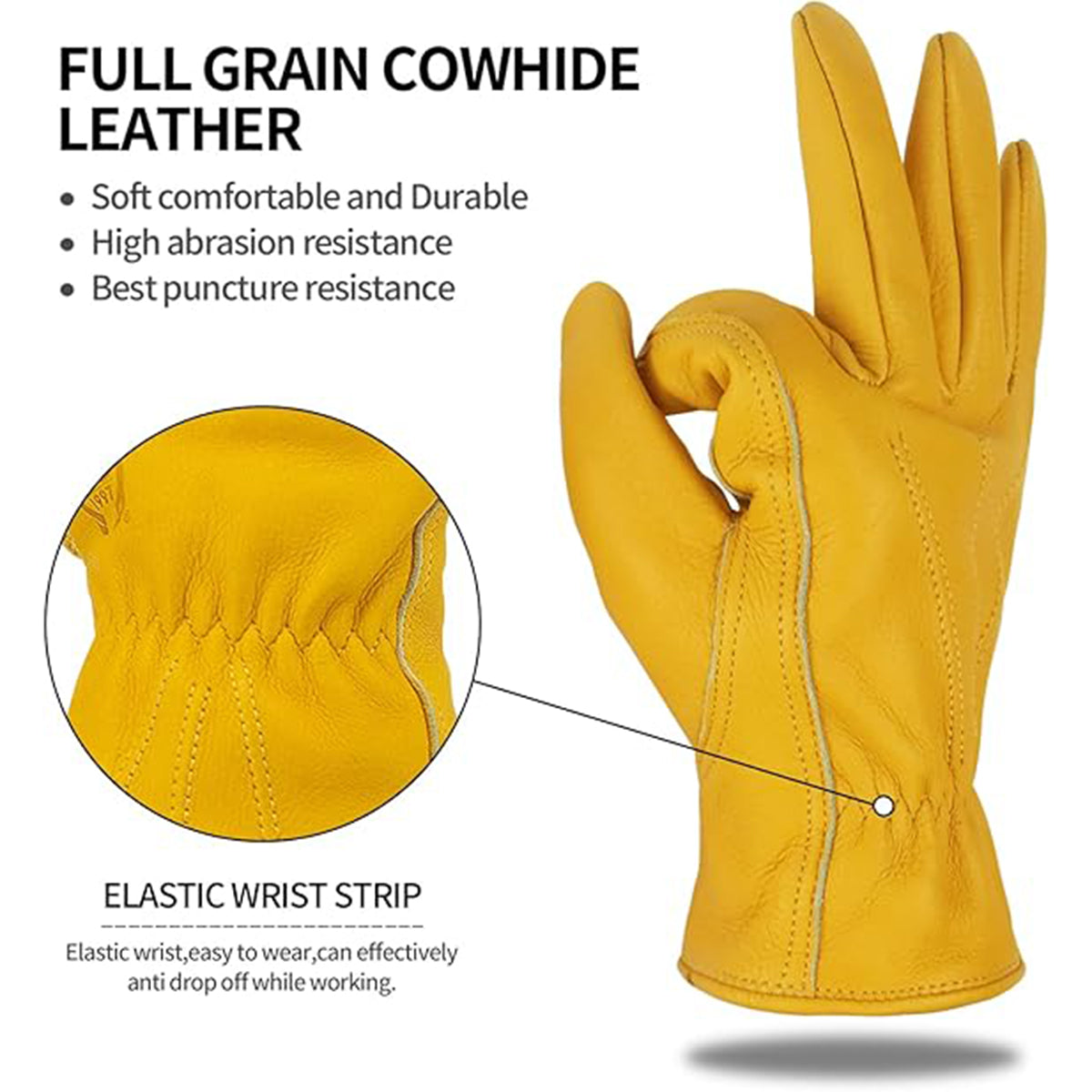 Golden Yellow Cowhide Work Gloves Full Finger Gardening DIY Home Maintenance Use - M V528-GLOVES-1PAIR-M-632005