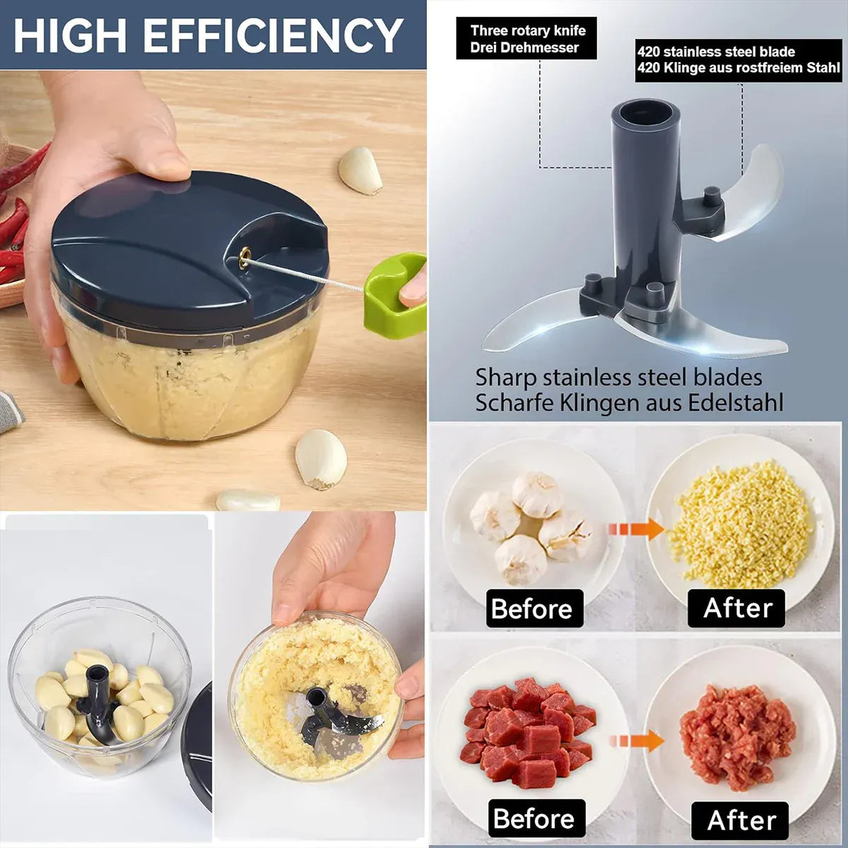 Garlic Press Chopper Slicer Hand Presser Grinder Crusher Home Kitchen Tools Use - 600ml V528-GREY-BLUE-600ML-768399