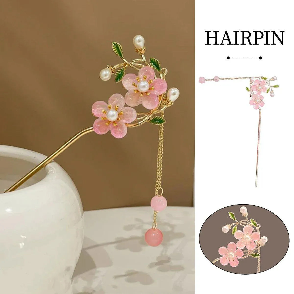 Chinese Style Pink Double Flower Fringe Hairpin Hanfu Headdress for Women V528-HAIR-CLASP-FSH-753245