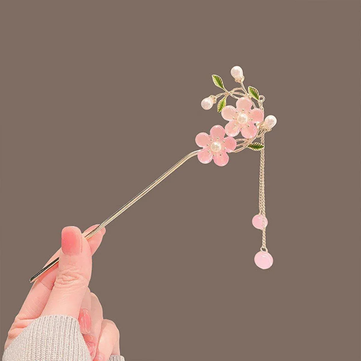 Chinese Style Pink Double Flower Fringe Hairpin Hanfu Headdress for Women V528-HAIR-CLASP-FSH-753245