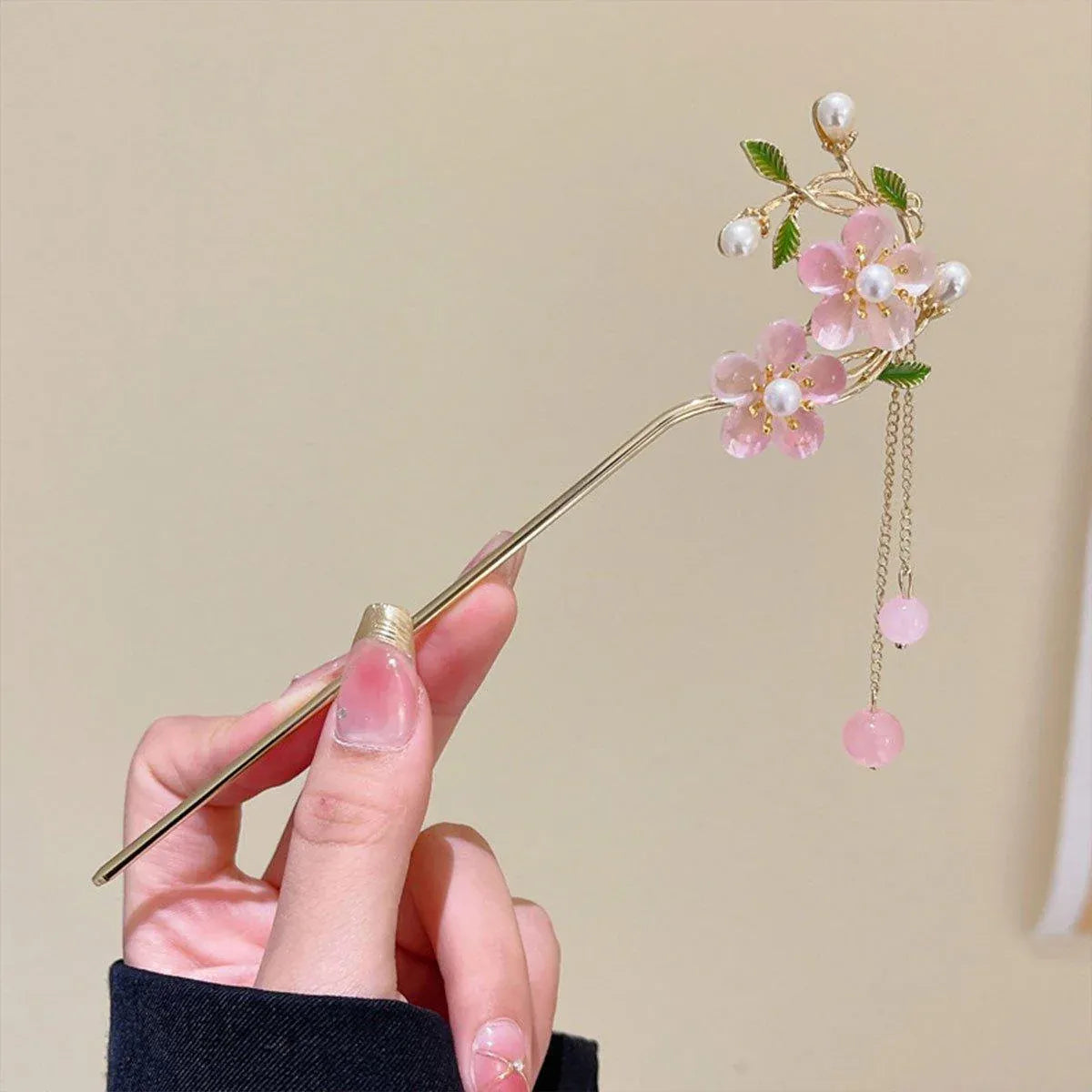 Chinese Style Pink Double Flower Fringe Hairpin Hanfu Headdress for Women V528-HAIR-CLASP-FSH-753245
