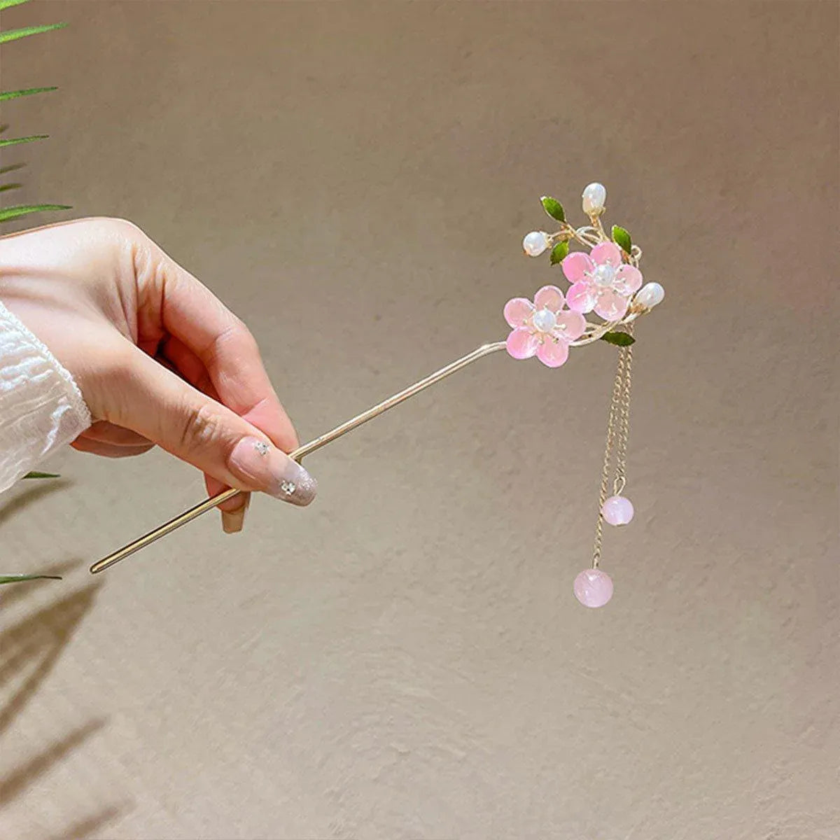 Chinese Style Pink Double Flower Fringe Hairpin Hanfu Headdress for Women V528-HAIR-CLASP-FSH-753245