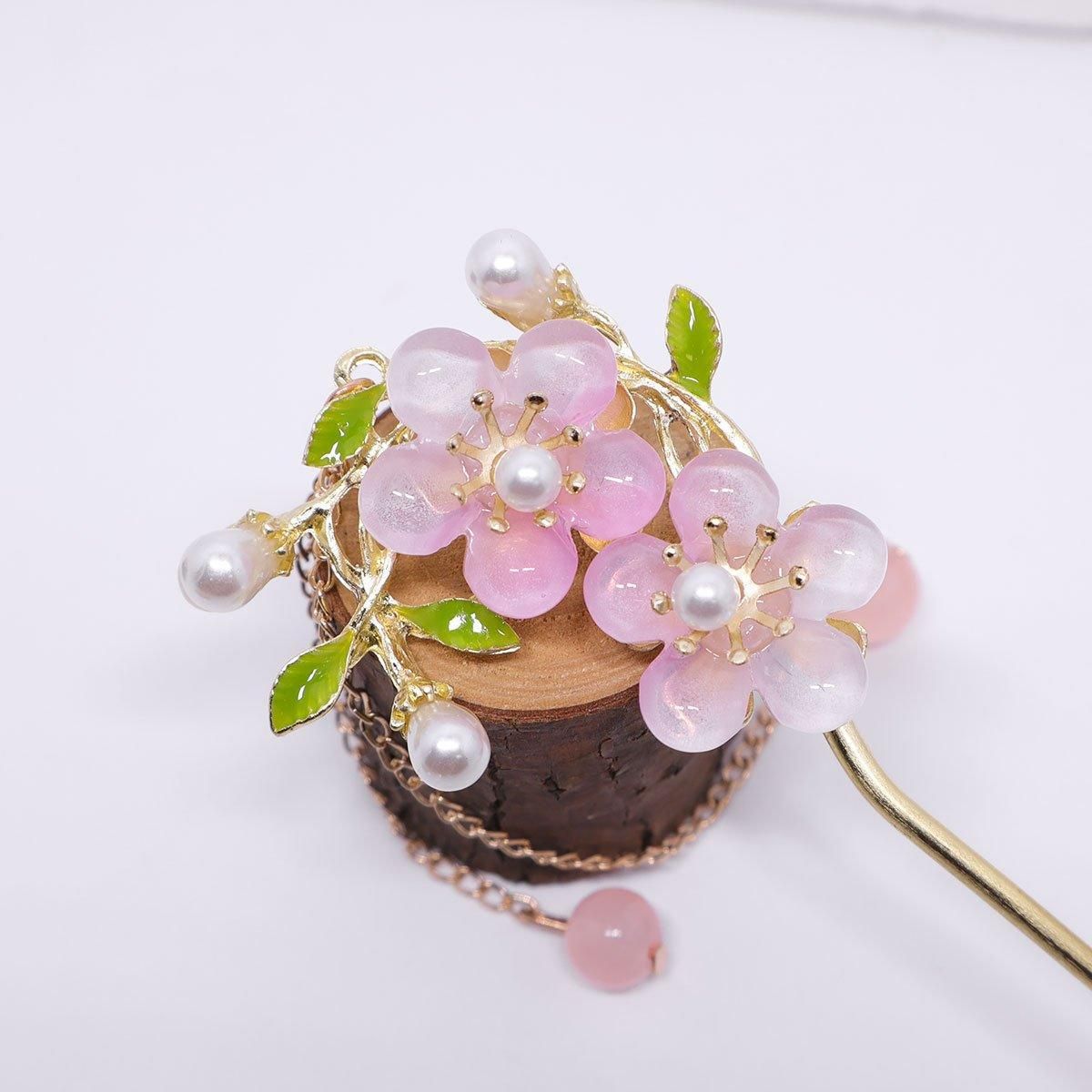 Chinese Style Pink Double Flower Fringe Hairpin Hanfu Headdress for Women V528-HAIR-CLASP-FSH-753245