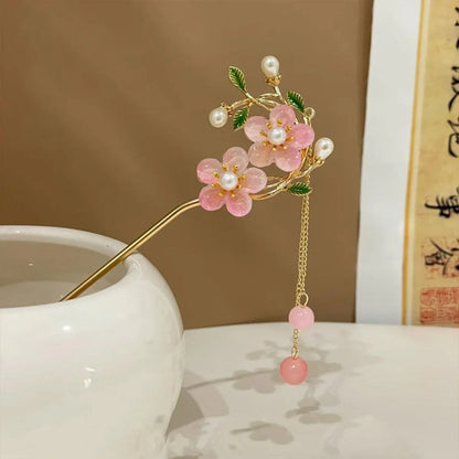 Chinese Style Pink Double Flower Fringe Hairpin Hanfu Headdress for Women V528-HAIR-CLASP-FSH-753245
