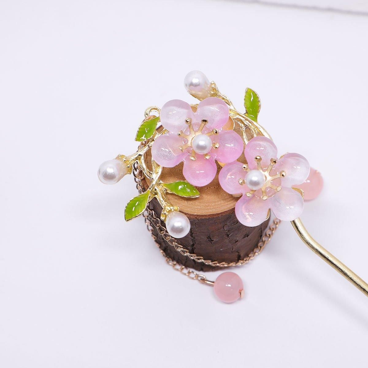 Chinese Style Pink Double Flower Fringe Hairpin Hanfu Headdress for Women V528-HAIR-CLASP-FSH-753245
