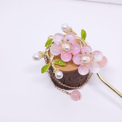 Chinese Style Pink Double Flower Fringe Hairpin Hanfu Headdress for Women V528-HAIR-CLASP-FSH-753245
