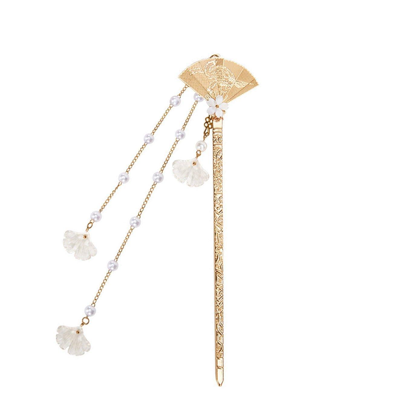 Chinese Style Hanfu Hairpin Folding Fan Fringe Headdress Accessories V528-HAIR-CLASP-ZSS-409384