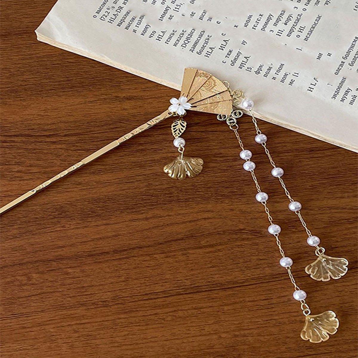 Chinese Style Hanfu Hairpin Folding Fan Fringe Headdress Accessories V528-HAIR-CLASP-ZSS-409384