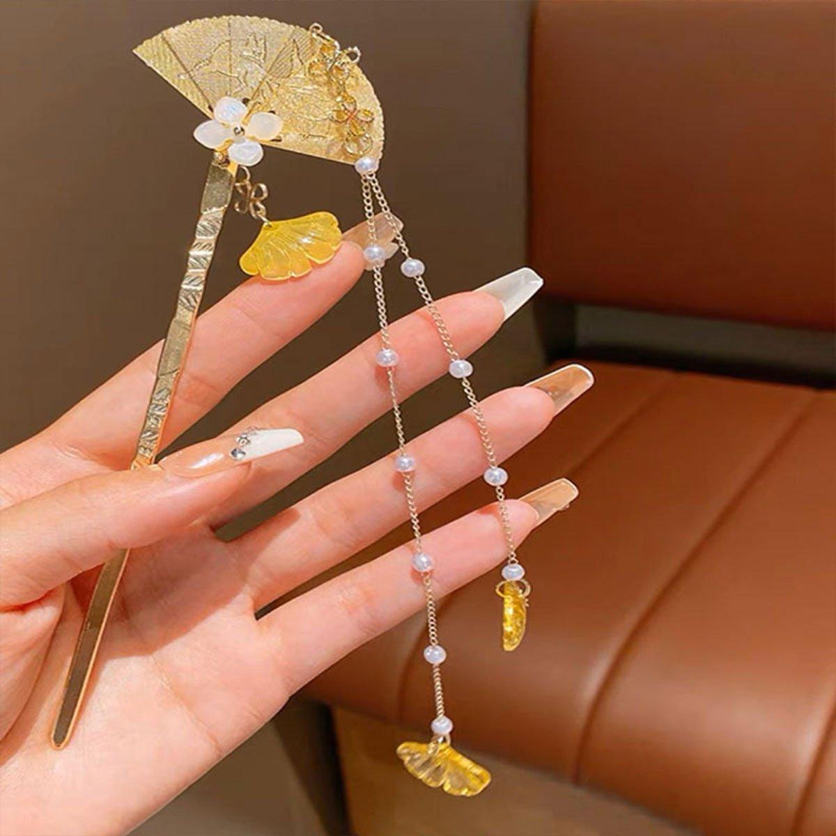 Chinese Style Hanfu Hairpin Folding Fan Fringe Headdress Accessories V528-HAIR-CLASP-ZSS-409384