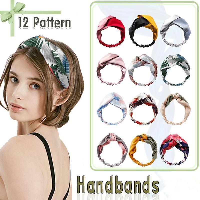 Women Chiffon Floral Print Headband Fashion Bohemian Elastic Cross Hair Bands - A-Green V528-HAIRBAND-A-GREEN-671237