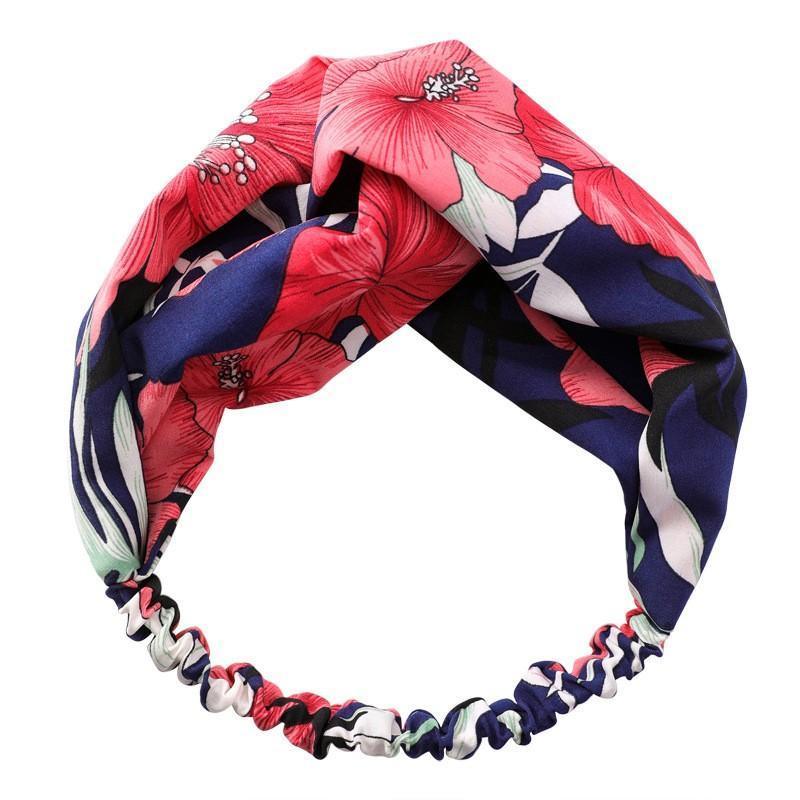 Women Chiffon Floral Print Headband Fashion Bohemian Elastic Cross Hair Bands - C-Red V528-HAIRBAND-C-RED-772183