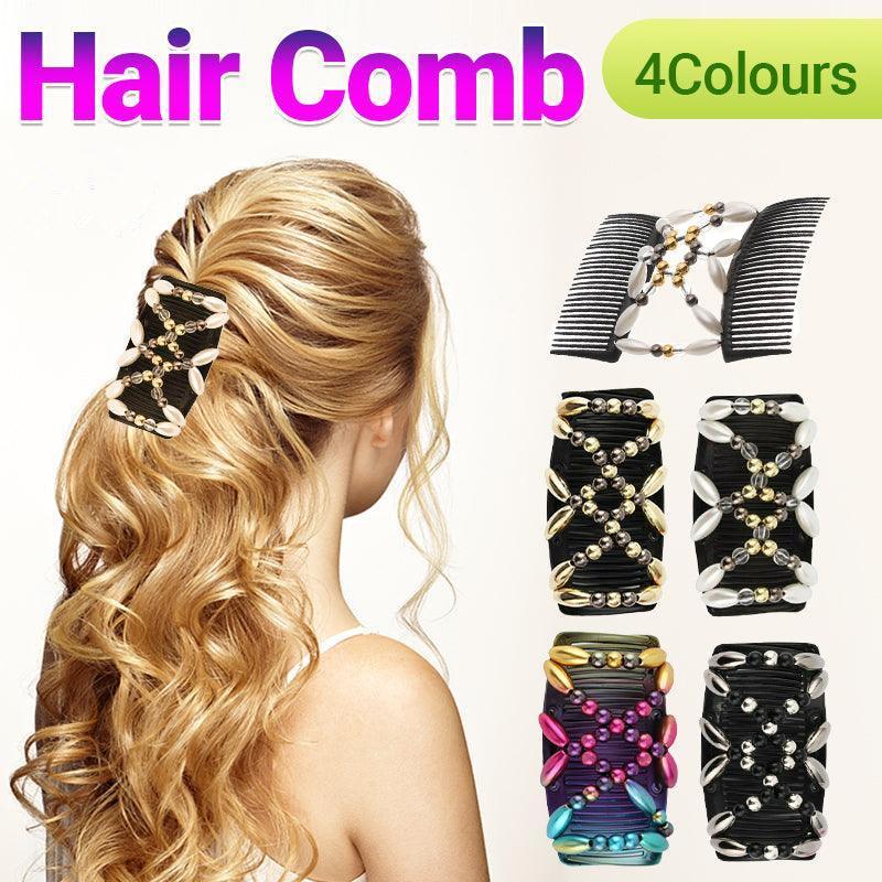 Beaded Stretchy Easy Magic Hair Comb Elastic Double Hair Clip Hair Accessories - Gold V528-HAIRCOMB-GOLD-97032