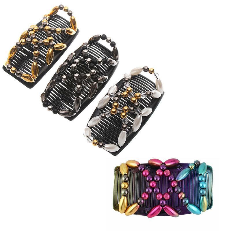 Beaded Stretchy Easy Magic Hair Comb Elastic Double Hair Clip Hair Accessories - Gold V528-HAIRCOMB-GOLD-97032