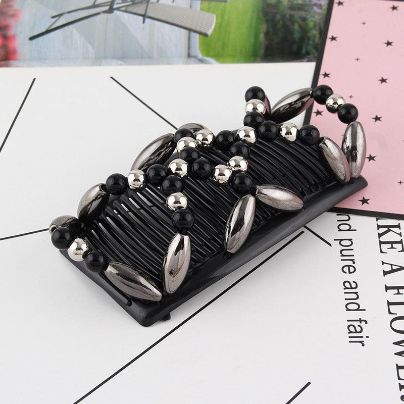 Beaded Stretchy Easy Magic Hair Comb Elastic Double Hair Clip Hair Accessories - Gold V528-HAIRCOMB-GOLD-97032
