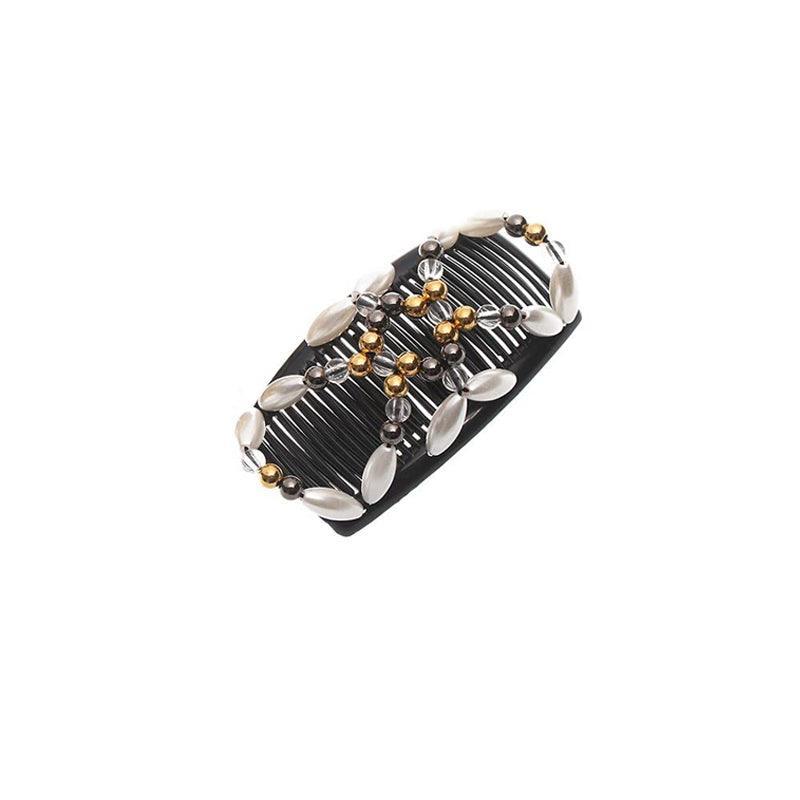Beaded Stretchy Easy Magic Hair Comb Elastic Double Hair Clip Hair Accessories - Gold V528-HAIRCOMB-GOLD-97032